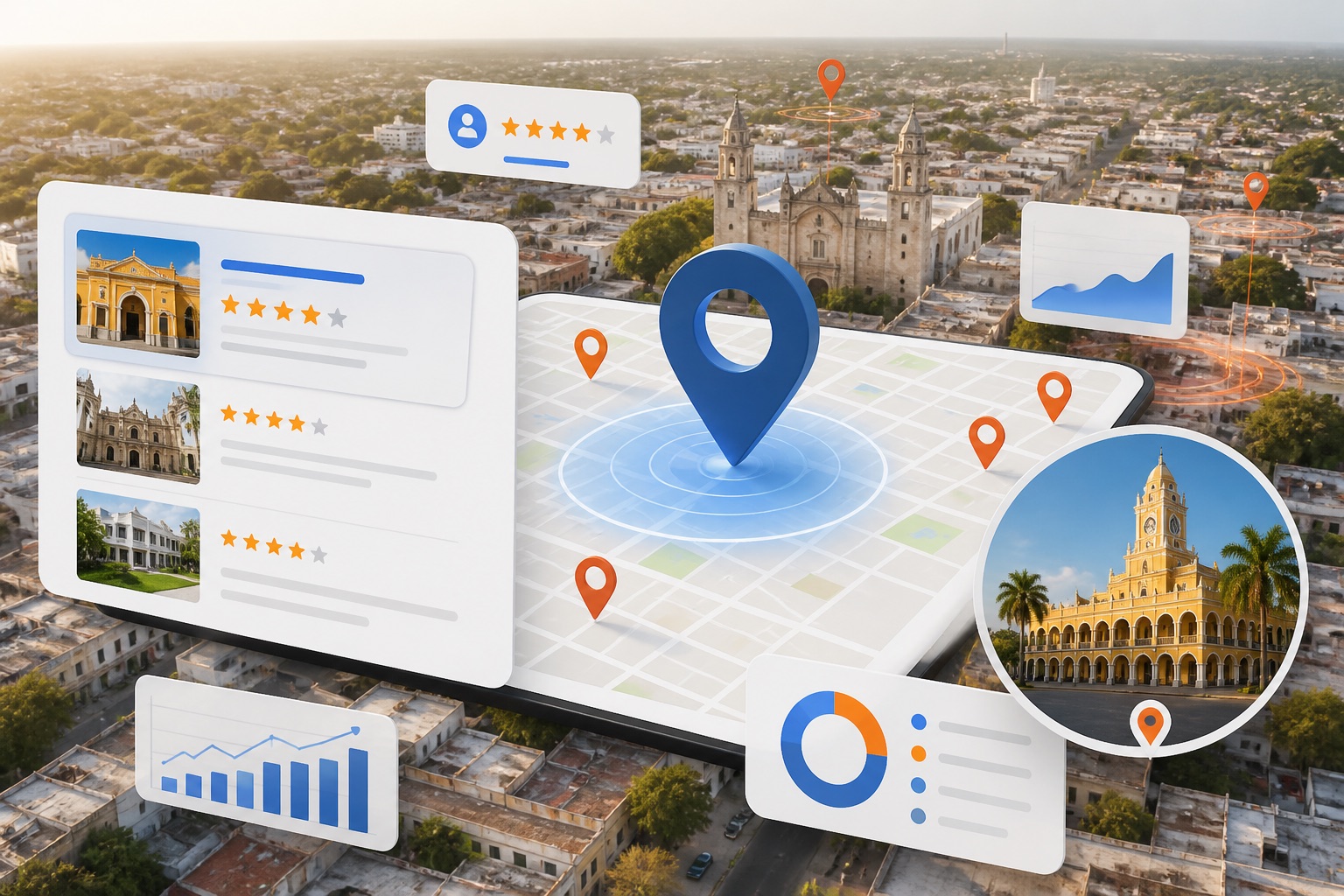 SEO local en Mérida con mapa de visibilidad y señales de Google Business Profile